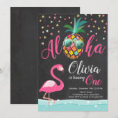Aloha Pineapple Flamingo Birthday Invitation Pink Kaart (Voorkant / Achterkant)