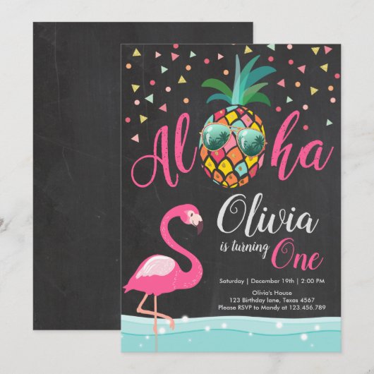 Aloha Pineapple Flamingo Birthday Invitation Pink Kaart (Voorkant / Achterkant)