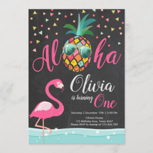 Aloha Pineapple Flamingo Birthday Invitation Pink Kaart