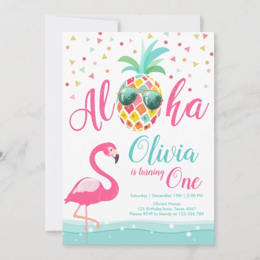 Aloha Pineapple Flamingo Birthday Invitation Pink Kaart (Voorkant)