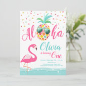 Aloha Pineapple Flamingo Birthday Invitation Pink Kaart (Staand voorkant)