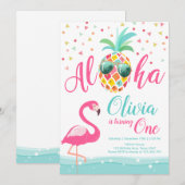 Aloha Pineapple Flamingo Birthday Invitation Pink Kaart (Voorkant / Achterkant)