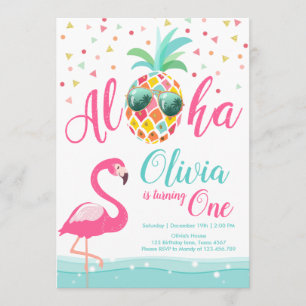 Aloha Pineapple Flamingo Birthday Invitation Pink Kaart