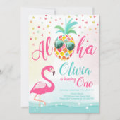 Aloha Pineapple Flamingo Birthday Invitation Pink Kaart (Voorkant)