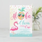 Aloha Pineapple Flamingo Birthday Invitation Pink Kaart (Staand voorkant)