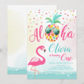 Aloha Pineapple Flamingo Birthday Invitation Pink Kaart (Voorkant / Achterkant)
