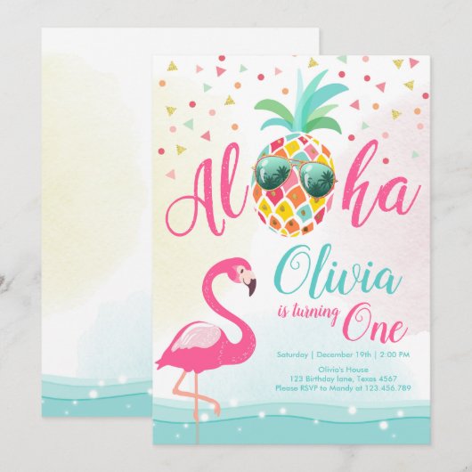 Aloha Pineapple Flamingo Birthday Invitation Pink Kaart (Voorkant / Achterkant)