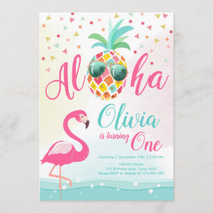 Aloha Pineapple Flamingo Birthday Invitation Pink Kaart