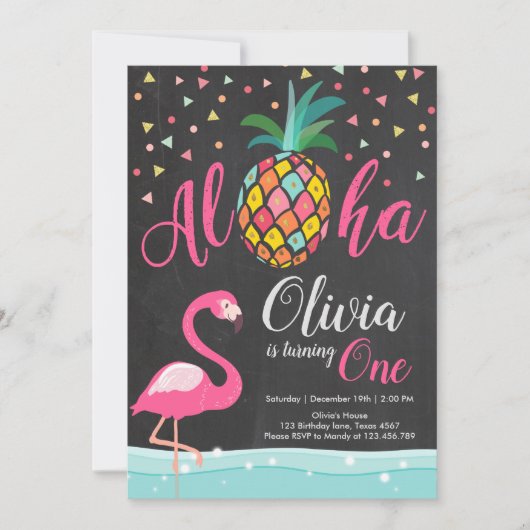 Aloha Pineapple Flamingo Birthday Invitation Pink Kaart (Voorkant)