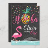 Aloha Pineapple Flamingo Birthday Invitation Pink Kaart (Voorkant / Achterkant)