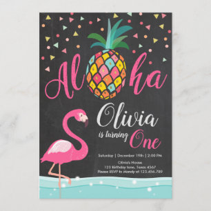 Aloha Pineapple Flamingo Birthday Invitation Pink Kaart