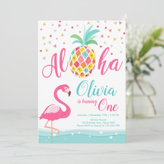 Aloha Pineapple Flamingo Verjaardag Uitnodiging Ro (Staand voorkant)