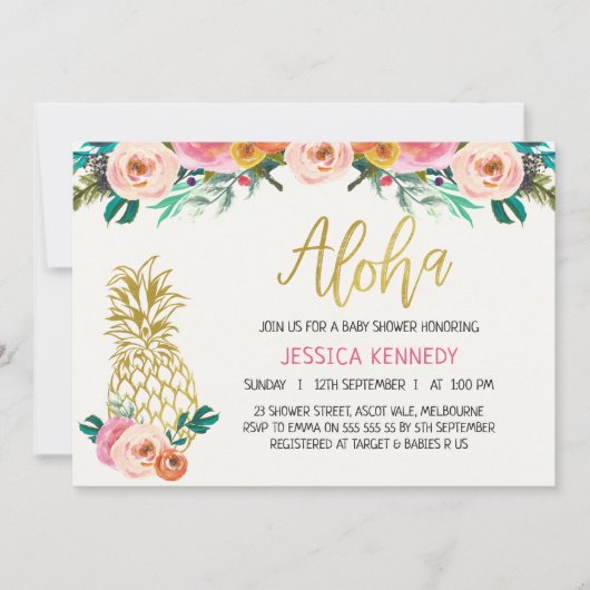 Aloha Pineapple Floral Baby shower Uitnodiging (Voorkant)