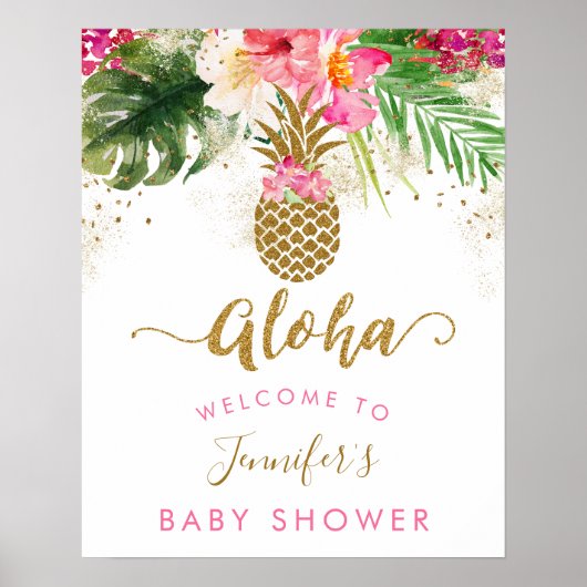 Aloha Pineapple Floral Baby shower Welkom Poster (Voorkant)