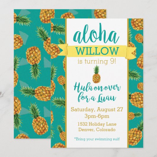Aloha Pineapple Luau Birthday Uitnodiging (Voorkant / Achterkant)