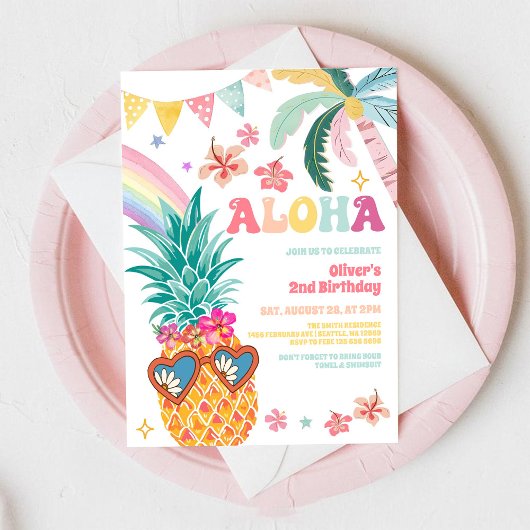 ALOHA Pineapple Luau Summer Birthday Invitation Kaart