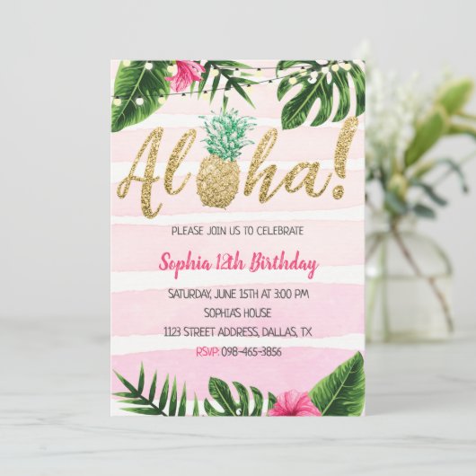 Aloha Pineapple Pink Birthday Uitnodiging (Staand voorkant)
