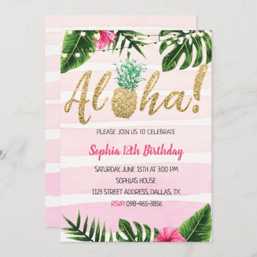 Aloha Pineapple Pink Birthday Uitnodiging (Voorkant / Achterkant)