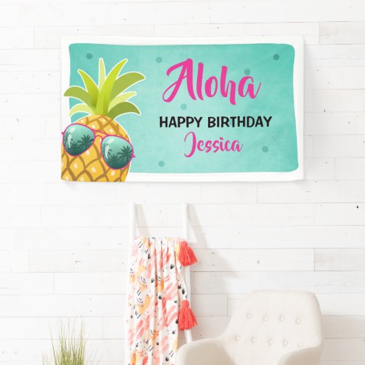 Aloha Pineapple verjaardagsbanner Tropical Luau Gi Spandoek (Insitu)