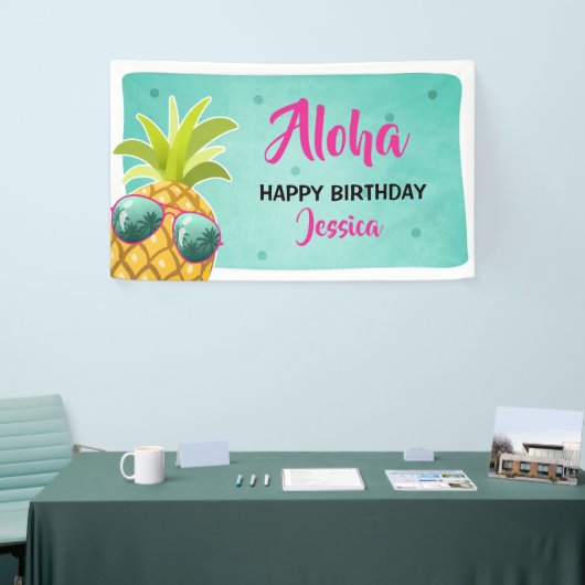 Aloha Pineapple verjaardagsbanner Tropical Luau Gi Spandoek (Beurs)