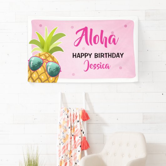Aloha Pineapple verjaardagsbanner Tropical Luau Pi Spandoek (Insitu)