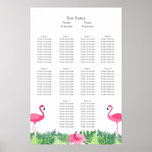 Aloha Pink Flamingo Tropical Wedding Seating Plan Poster (Voorkant)