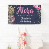 Aloha Pink Gold Pineapple Navy Blue Birthday Party Spandoek (Insitu)