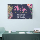 Aloha Pink Gold Pineapple Navy Blue Birthday Party Spandoek (Beurs)