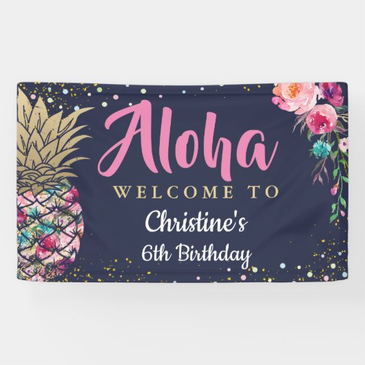 Aloha Pink Gold Pineapple Navy Blue Birthday Party Spandoek (Horizontaal)