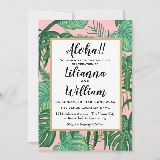 Aloha Pink Hawaiian Tropical Leaves Beach Wedding Kaart (Voorkant)