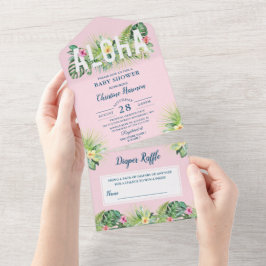 Aloha Pink Tropical Girl Baby shower Diaper Raffle All In One Uitnodiging