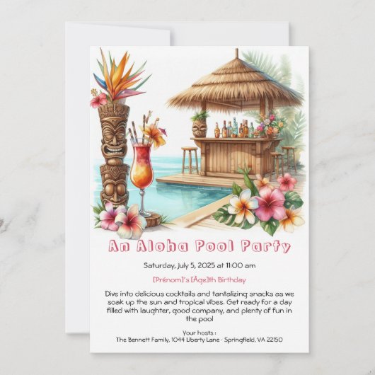 Aloha Pool Party Birthday Invitation – Tropical Kaart (Voorkant)