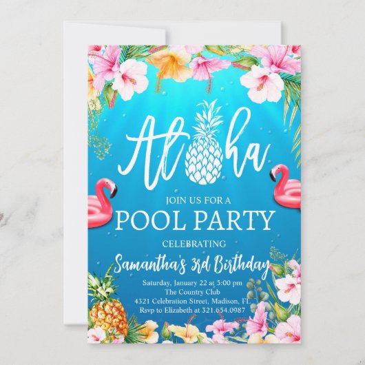 Aloha Pool Party Uitnodiging voor verjaardag (Voorkant)