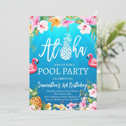 Aloha Pool Party Uitnodiging voor verjaardag (Staand voorkant)