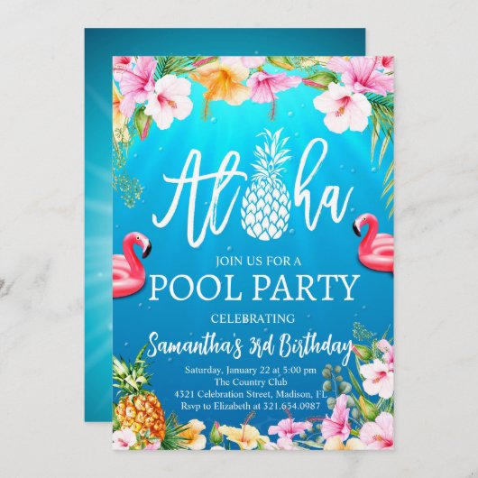 Aloha Pool Party Uitnodiging voor verjaardag (Voorkant / Achterkant)