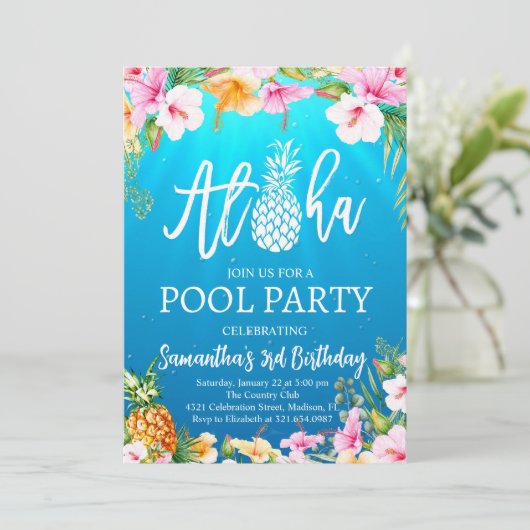 Aloha Pool Party Uitnodiging voor verjaardag (Staand voorkant)