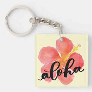 Aloha Red Hibiscus Square Sleutelhanger Mini