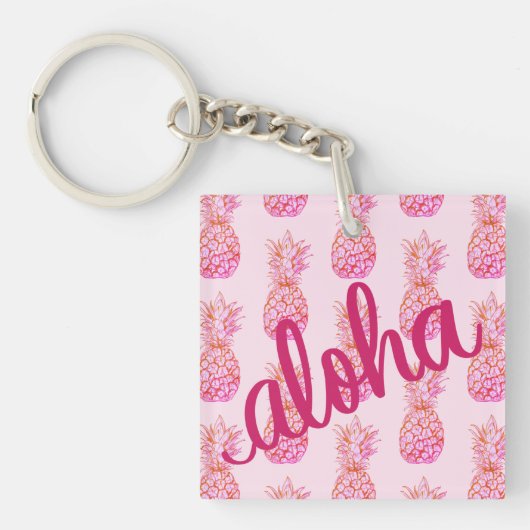 Aloha Roze Ananas Vierkante Sleutelhanger Mini (Voorkant)