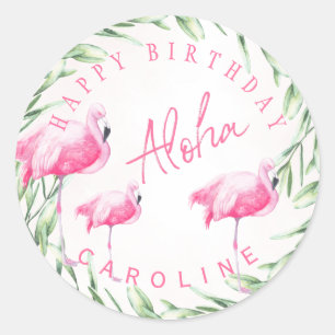 Aloha roze flamingo's tropisch verjaardagsfeest ronde sticker