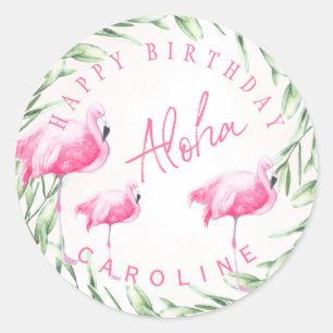 Aloha roze flamingo's tropische gelukkige verjaard ronde sticker