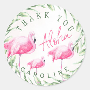 Aloha roze flamingo's tropische krans bedankt ronde sticker