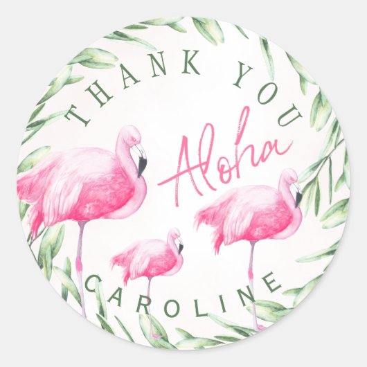 Aloha roze flamingo's tropische krans dank u ronde sticker (Voorkant)