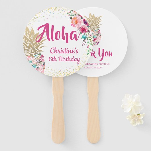 Aloha Roze Goud Ananas Verjaardagsgunst Hand Fan Handwaaier (Voorkant en achterkant)