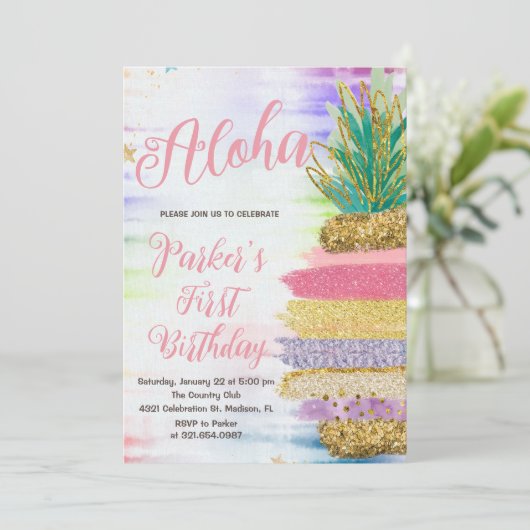 Aloha Roze Goud Regenboog Ananas Verjaardag Kaart (Staand voorkant)