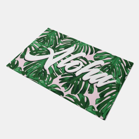 Aloha Roze Groen Tropisch Bladeren Script Oerwoud Deurmat (Schuin)