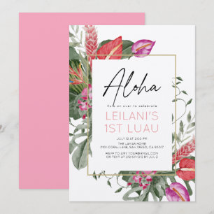 Aloha Roze & Rode Tropische Bloem Meisje 1e Verjaa Kaart