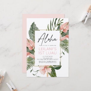 Aloha Roze Tropische Bloemen Meisje 1e Verjaardag Kaart
