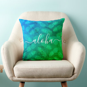 Aloha Script Blauw Groen Ananas Patroon Tropisch Kussen