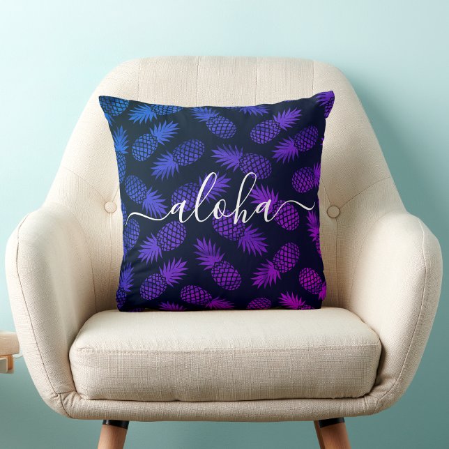 Aloha Script Paarse Blue Pineapple Pattern Hawaii Kussen (Creator heeft geüpload)