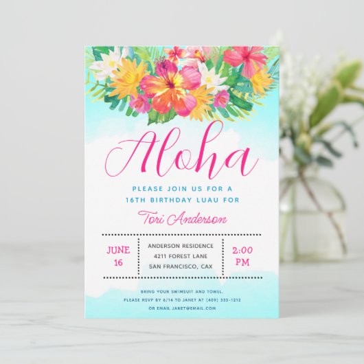 Aloha Script Tropical Birthday Luau Invitation Kaart (Staand voorkant)